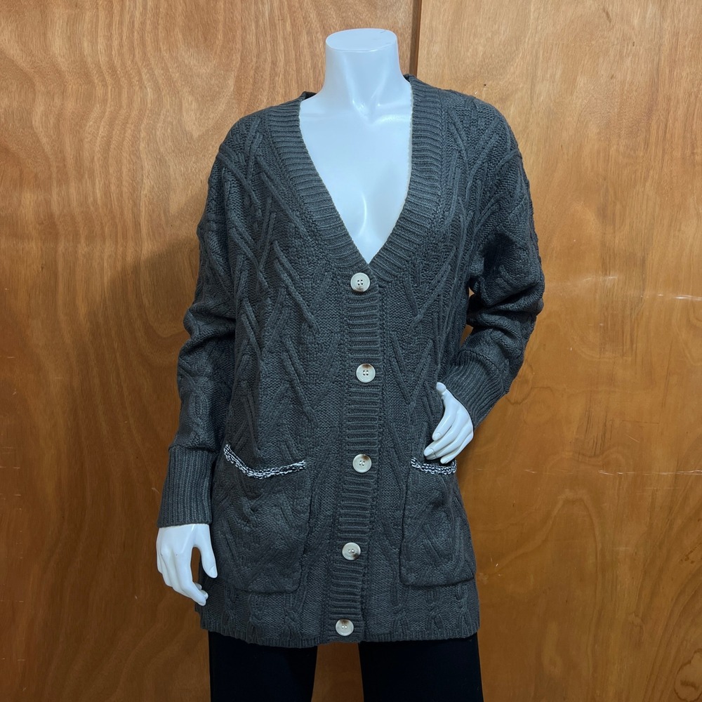 Unbranded Womens XL Dark Grey Cable Knit Button Up Cardigan Sweater Trim Pocket